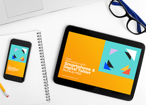 Free Workplace Smartphone & Tablet Mockup wo ce wih smartphone & digital tablet mockup psd 