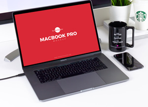 Free Workstation MacBook Pro Mockup PSD Beside Smartphone ok pro 