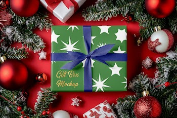 Free Wrapped Christmas Gift Box Mockup