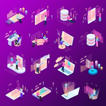 Freelance programming isometric icons set of isolated human characters and modern interfaces with infographic icons Free Vector