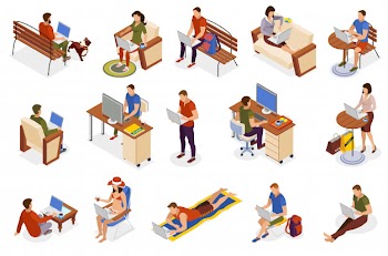 Freelancer typical day isometric icons collection with working home outdoor in park cafe on beach Free Vector