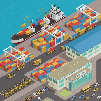 Freight barge moored at harbor Free Vector