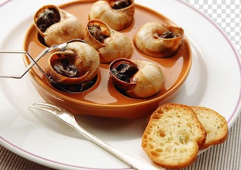 French cuisine Seafood Escargot Cooking, Steamed snail and fork transparent background PNG clipart