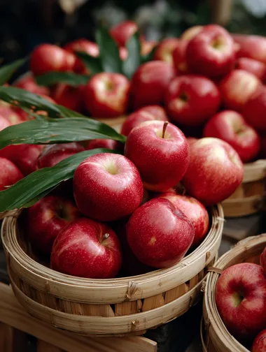 Fresh and Juicy Red Apples in Bamboo Baskets Fresh and Juicy Red Apples in Bamboo Baskets