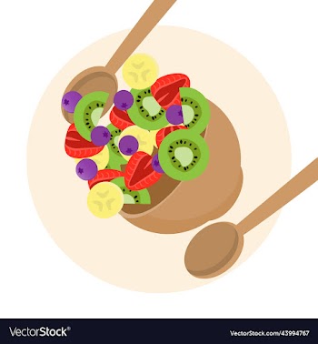 fresh fruits salad in the wooden bowl