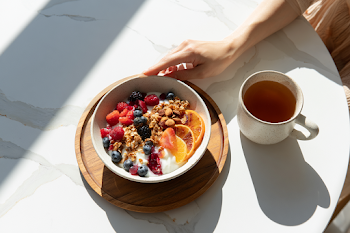 Fresh Healthy Breakfast Scene with Yogurt and Tea