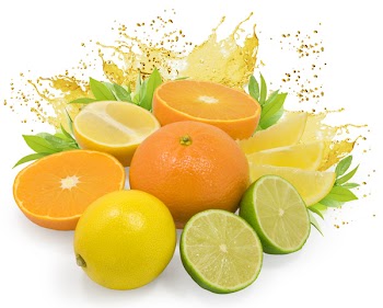 fresh nice citrus fruits with leaves and juice drops isolated on white