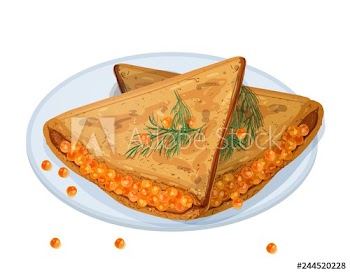 Fried pancakes, blini or crepes stuffed with caviar and lying on plate isolated on white background