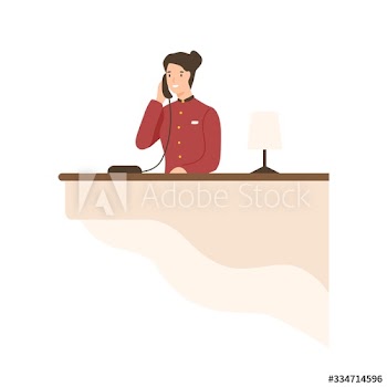 Friendly cartoon woman working on hotel reception vector flat illustration