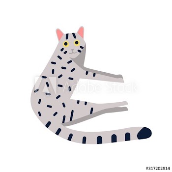 Friendly gray striped cat lying vector flat illustration
