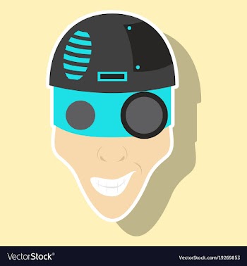Friendly robot character with sticker cartoon vector image