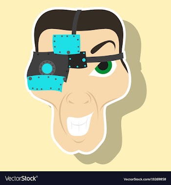 Friendly robot character with sticker cartoon vector image