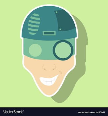 Friendly robot character with sticker cartoon vector image
