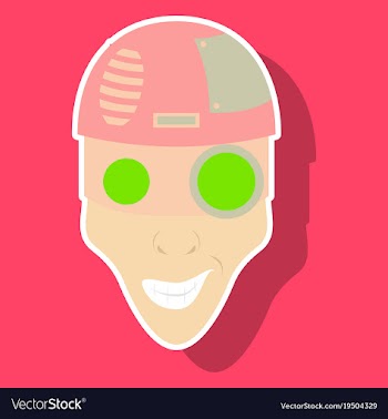 Friendly robot character with sticker cartoon vector image