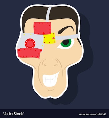Friendly robot character with sticker cartoon vector image