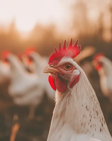 Friendly white chicken close-up in a golden hour farm setting Friendly white chicken close-up in a golden hour farm setting
