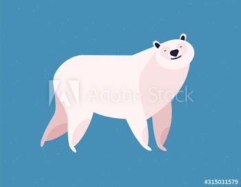 Friendly white polar bear at blue ice winter background vector flat illustration