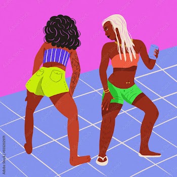 friends dancing funk pink background blue floor