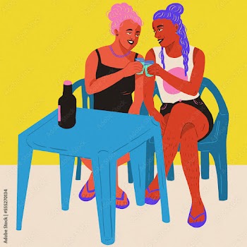 friends hanging out beer brazilian bar colorful hair yellow background