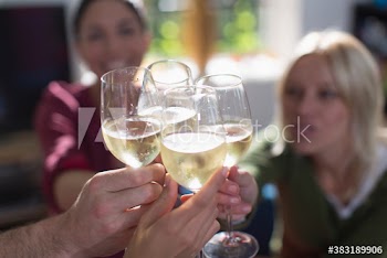 Friends toasting white wine glasses