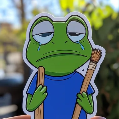 Frog Holding Broom Sticker, Cartoon Style, Green Body, Blue Shirt Frog Holding Broom Sticker, Cartoon Style, Green Body, Blue Shirt