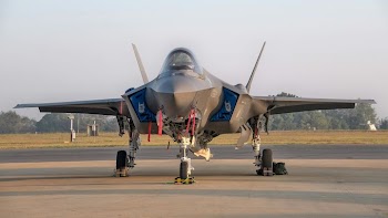 Front View of a Modern Jet Fighter on the Tarmac