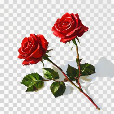 front view of two red roses on a flat surface, surface is wh