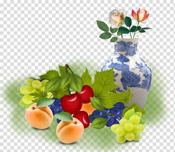 Fruits, assorted fruits beside white and blue ceramic vase with red and white rose flower still life painting transparent background PNG clipart
