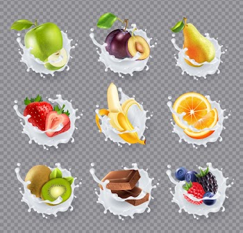 Fruits milk splashes realistic set Free Vector