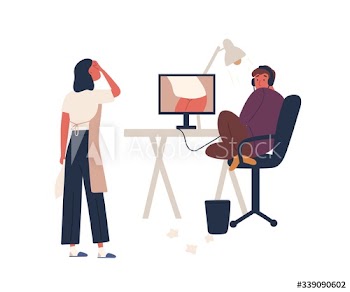 Frustrated mother catch teen son looking adult movies masturbates on chair vector flat illustration