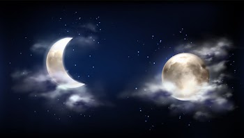 Full moon and crescent in night sky with clouds Free Vector