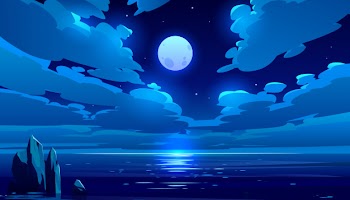 Full moon night ocean cartoon illustration Free Vector