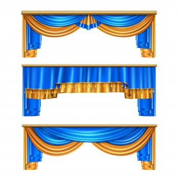 Full volume golden blue luxury draping curtains set 3 realistic home window decorations ideas isolated  illustration Free Vector