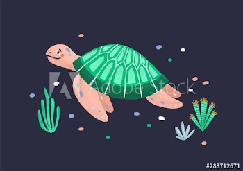 Funny amusing sea turtle isolated on dark background