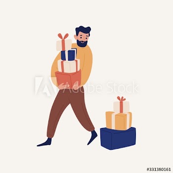 Funny cartoon bearded man carrying heap of gift box vector flat illustration