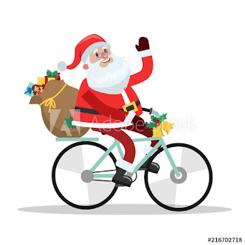 Funny cute Santa Claus riding on the bike