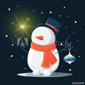 Funny cute snowman character in red scarf
