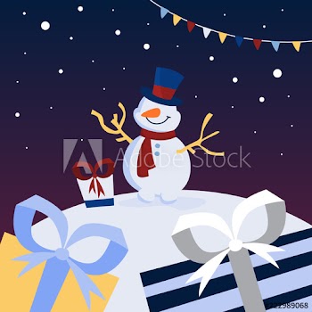 Funny cute snowman character with gifts around
