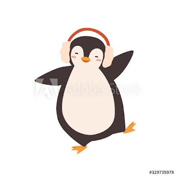 Funny dancing cartoon penguin in earmuffs vector flat illustration