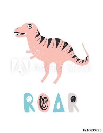 Funny dinosaur or T-Rex and ROAR lettering isolated on white background