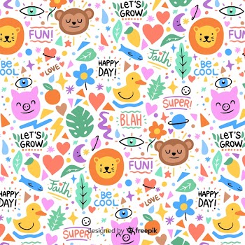 Funny doodle animals and words pattern