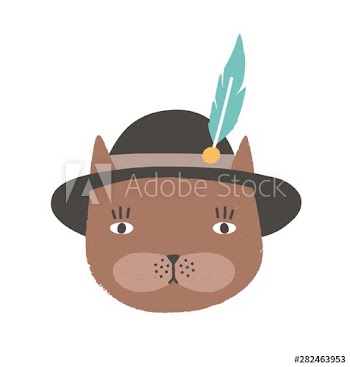Funny face or head of cat wearing Tyrolean or Bavarian hat with feather