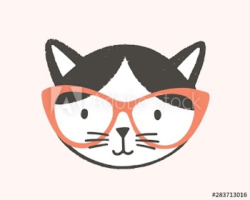 Funny face or head of clever cat wearing glasses