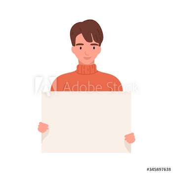 Funny guy in casual sweater smiling holding empty banner vector flat illustration