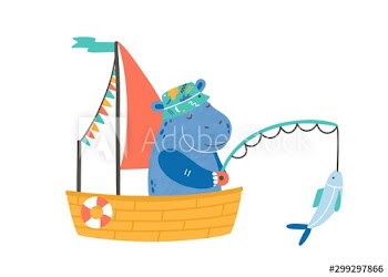 Funny hippopotamus in boat flat vector illustration