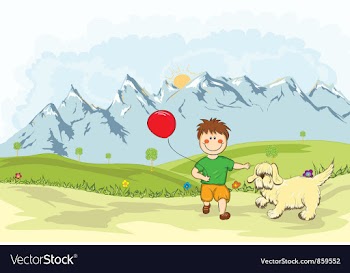 Funny kid playing with a dog on the mountain side vector image