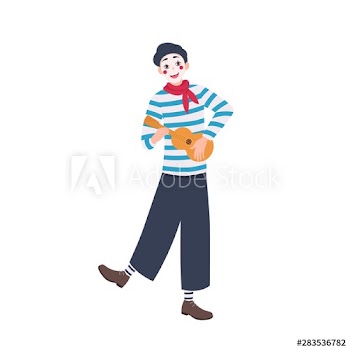 Funny mime in beret playing guitar and singing song