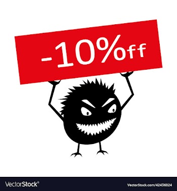 funny monster holds a 10 percent discount sign