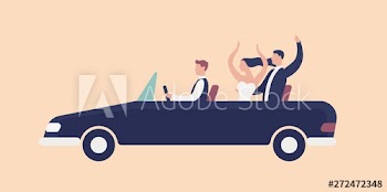Funny newlyweds riding in cabriolet car with driver and rejoicing