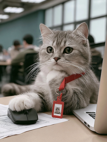 Funny Office Cat with ID Badge at Desk